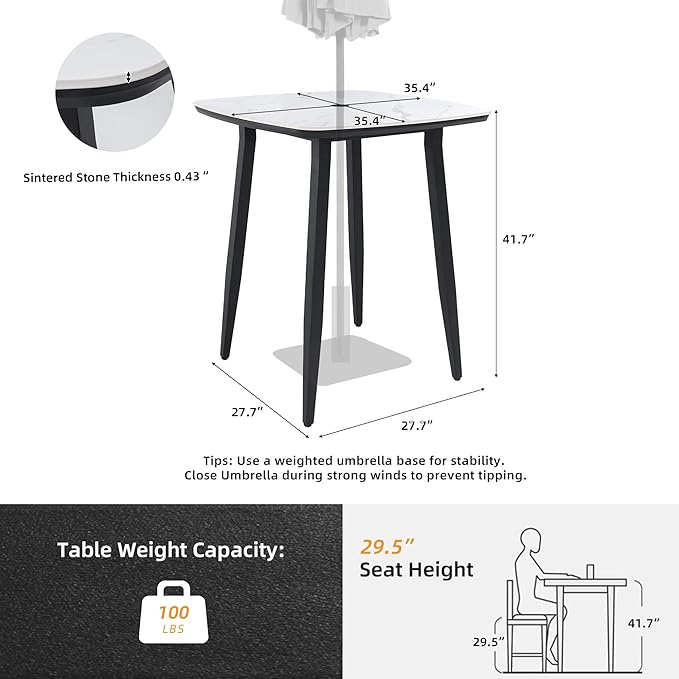 Modern 35.4'' Rounded Square Outdoor Bar Table, Greek White Marble-Inspired Sintered Stone Top, Umbrella Hole, Rust-Free Aluminum Frame, Ember Black, Weatherproof Table for Garden, Poolside