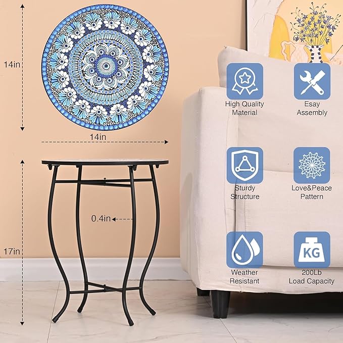 Metal Round Side Table, Weather Resistant Patio Accent Table for Indoor Outdoor Use, 14”Plant Stand for Flower Pots Vase Home Decor, Easy Assemble