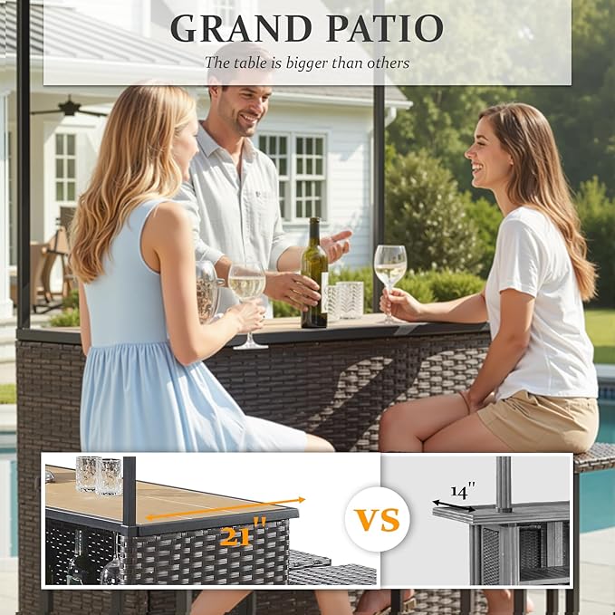 Outdoor Tiki Bar Set - 3 Pieces Wicker Patio Bar Height Set with Palapa Top and 2 Stools, All-Weather Patio Bar Set with Storage Shelves & Wine Glass Rack for Garden Patio Backyard Brown