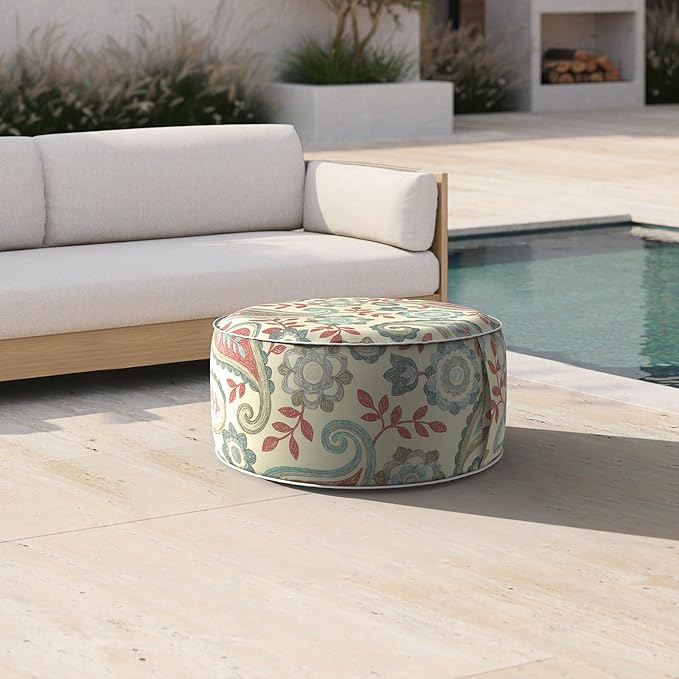 Inflatable Ottoman Stool D21 xH9 for Outdoor/Indoor Use, Water Repellent Patio Foot Rest with Portable Handle,Round Pouf Ottoman Suitable for Garden,Deck and Camping-Paisley Vintage