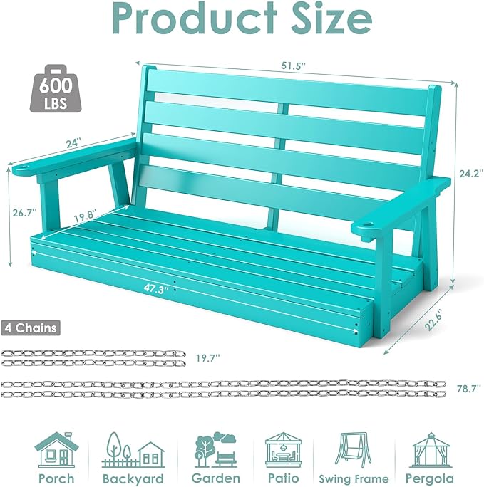 IVY&LANE Outdoor Porch Swing | HDPE Plastic | 2-Person | Hanging Bench Swings | Weatherproof | 4 Stainless Steel Chains | Aqua | for Outside Patio Garden Backyard Tree