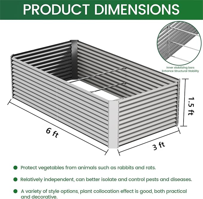 FRIZIONE 2pcs Tall 6x3x1.5ft Galvanized Raised Garden Bed Outdoor,Steel Garden Bed for Vegetables,Above Ground Garden Box for Flower,Metal Raised Beds for Gardening