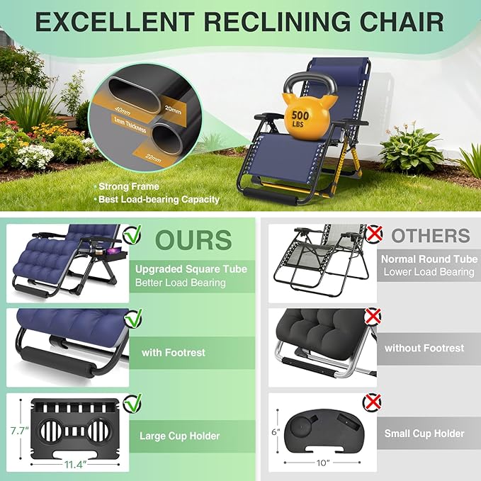 Suteck Oversized Zero Gravity Chair,33In XXL Lounge Chair w/Removable Cushion&Headrest, Reclining Camping Chair w/Upgraded Lock and Footrest, Reclining Patio Chairs Recliner for Indoor Outdoor,500LB