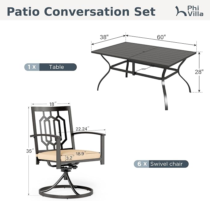 PHI VILLA 7 Pieces Patio Dining Set for 6, 60" Rectangle Metal Steel Table with Umbrella Hole & Swivel Wrought Iron Chairs with Cushions, Large Outdoo Furniture Set for Deck, Porch, Yard