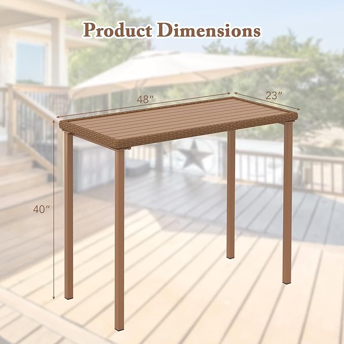 Tangkula Patio Bar Table, Heavy Duty Rectangle Metal Frame 48 Inches Outdoor Counter Height Table, for Backyard, Poolside, Balcony, Lawn