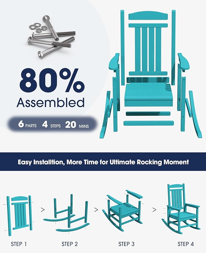 KINGYES HDPE Outdoor Rocking Chair Set of 4, All-Weather Poly Patio Rocking Chairs with 330lbs Support for Adults, Aruba Blue
