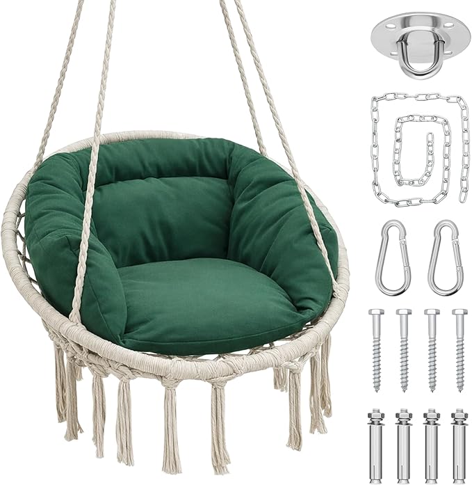 Athena Collection Hammock Chair Hanging Swing Chair with Large Thick Cushions, Outdoor Hanging Chair with Macrame Cotton Rope for Indoor, Outdoor, Bedroom, Balcony, Holds 350 Lbs, Green