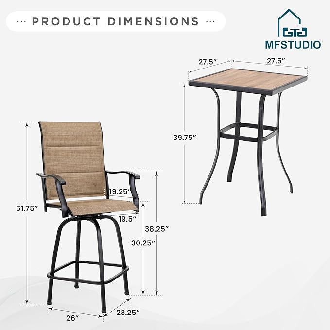 MFSTUDIO 3 Piece Outdoor Swivel Bar Set, Outdoor Bar Table and Chairs Set, Patio High Top Table and Chairs, Tall Bistro Set Patio Bar Height Table with 2 Chairs, Padded Textilene Stools for Outside