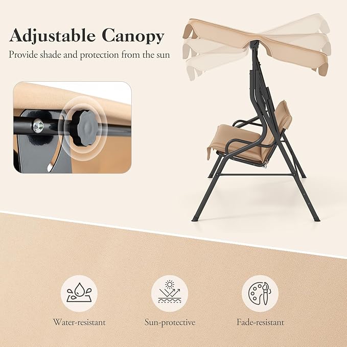 Porch Swing Outdoor, 3 Person Patio Swing w/Removable Cushion, Stand & Adjustable Canopy, Heavy Duty Swing Chair for Patio, Garden, Courtyard, Poolside