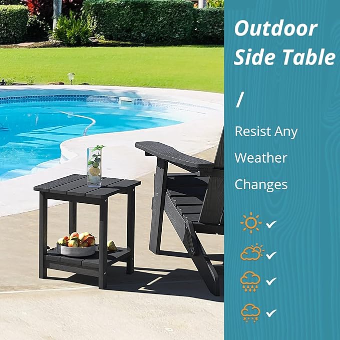 LUE BONA Adirondack Outdoor Side Table, 2-Tier Black HDPS Patio End Table Weather Resistant, Morden Side Table for Patio, Pool, Porch