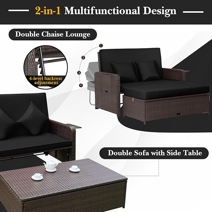 Nightcore Wicker Patio Outdoor Daybed, Outdoor Chaise Lounger w/ 4-Level Adjustable Backrest, Retractable Side Trays, Storage Ottoman, Comfortable & Removable Cushions, Rattan Loveseat (Black)