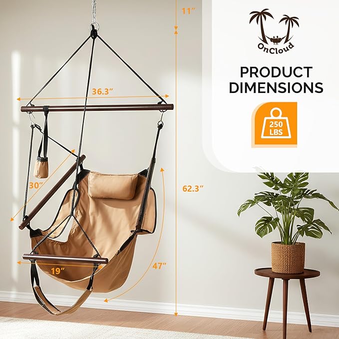 ONCLOUD Upgraded Unique Hammock Sky Chair, Air Deluxe Hanging Swing Seat with Rope Through Beech Wood Bar Safer Relax with Drink Holder & Fuller Pillow for Indoor Outdoor Patio Yard 250LBS (Tan)