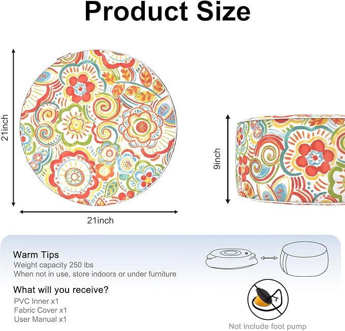 Inflatable Ottoman Stool D21 xH9 for Outdoor/Indoor Use, Water Repellent Patio Foot Rest Stool with Portable Handle,Round Pouf Ottoman Suitable for Garden,Deck and Camping - Flower Red