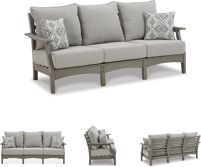 Signature Design by Ashley Visola Outdoor Patio Sofa with All-Weather Cushion and 2 Throw Pillows, Cleanable Performance Fabric, 19.88" Seat Height, Gray