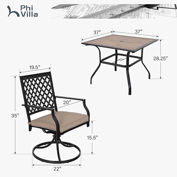 PHI VILLA 5 Pieces Outdoor Dining Set for 4, 37” Square Metal Steel Table with Polywood Tabletop & Swivel Wrought Iron Chairs with Cushions, Outside Furniture Set for Patio, Deck, Yard, Porch