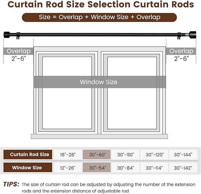 1' Diameter Matte Black Curtain Rod, 30-60 inch, Fits 30-54 Windows, Heavy Duty, Adjustable, Telescopic, Splicing Metal, Extra Long, for Windows & Sliding Glass Door