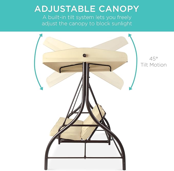 Best Choice Products 3-Seat Outdoor Large Converting Canopy Swing Glider, Patio Hammock Lounge Chair for Porch, Backyard w/Flatbed, Adjustable Shade, Removable Cushions - Ivory