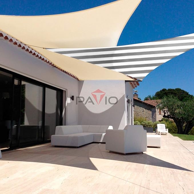 Patio Paradise 7' x 7' x 7' Sun Shade Sail Triangle Canopy Shade Cloth Fabric Sunlight Block Patio Pergola Cover HDPE Deck Awning for Outdoor Backyard Roof Shading, Gray White Strip