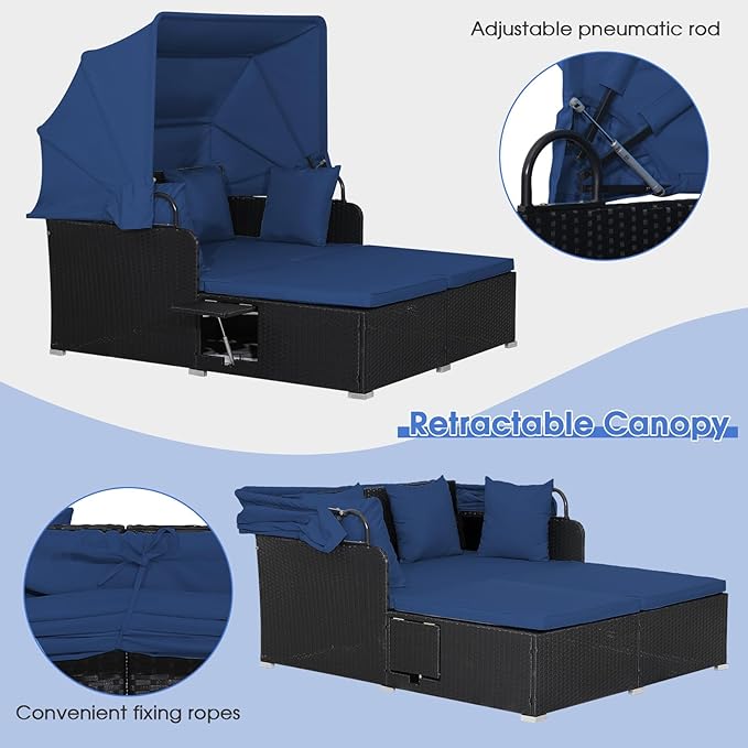 RELAX4LIFE Patio Outdoor Daybed with Canopy, Wicker Sunbed w/Cushions, 4 Pillows & 2 Retractable Side Trays, 2-Person Lounge Bed Conversation for Poolside Porch Garden, Rattan Outdoor Bed (Navy)