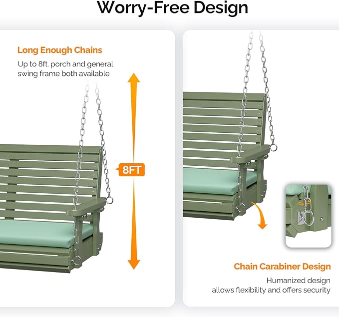 VINGLI Wooden Porch Swing, Heavy Duty 880 LBS Hanging Patio Bench with Extra Cushion for Lawn| Garden| Courtyard (Green, 5 feet)