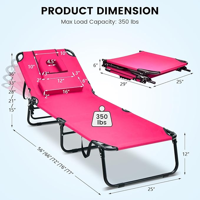 GYMAX Tanning Chair, 350lbs Beach Lounge Chair with Face Hole, Washable Pillow & Carry Strap, Adjustable Folding Chaise Lounge, Layout Chair for Outside, Patio, Poolside, Lawn (1, Pink)