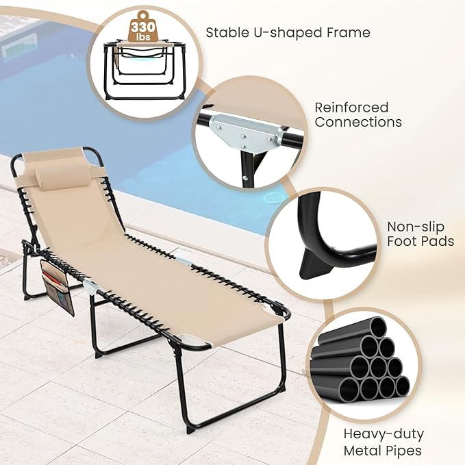 GYMAX Lounge Chairs for Outside, Extra High Folding Beach Tanning Lounger with Adjustable Backrest, Footrest & Removable Pillow, Sunbathing Lounge for Patio, Poolside (2, Sand with Pocket)