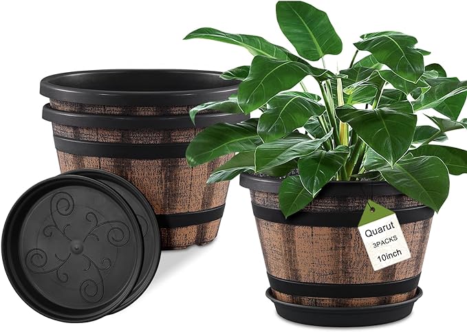 Quarut 3 Pack 10 inch Plant Pots,Whiskey Barrel Planters with Drainage Holes & Saucer, Plastic Decoration Flower Pots Imitation Wine Barrel Design, for Indoor & Outdoor Garden Home Plants (Brown)