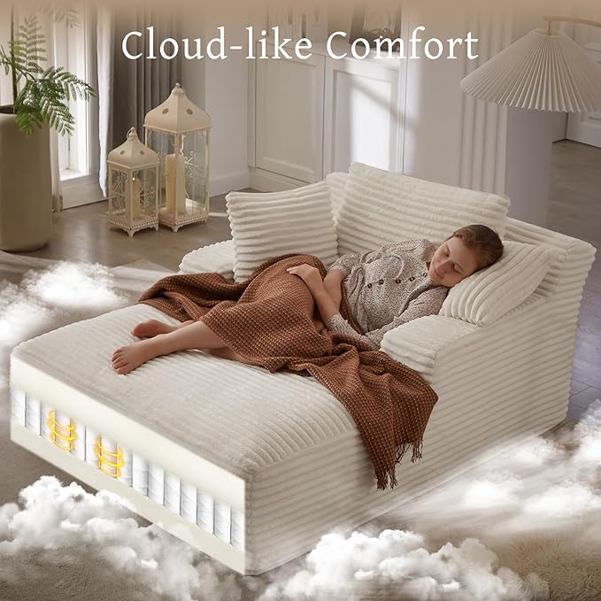 66" Chaise Lounge Chair Indoor, Oversized Boneless Couch Comfy Upholstered Sleeper Sofa Bed with 3 Pillows, Corduroy Cloud Reading Chair for Living Room No Assembly Required, White