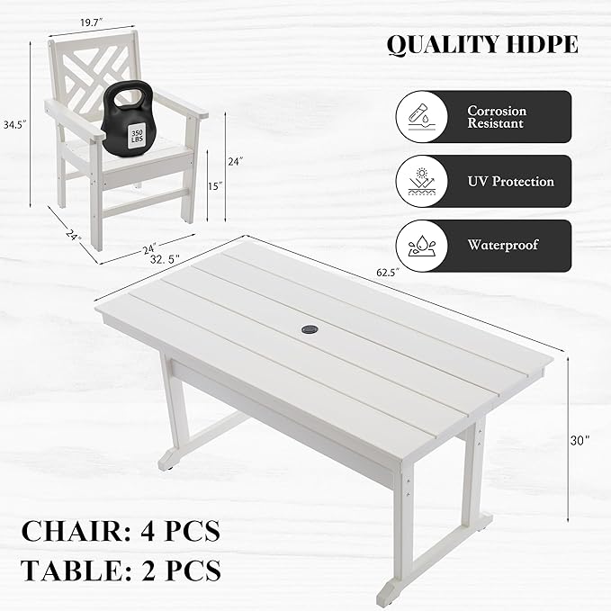 HDPE Outdoor Dining Set,6-Piece Outdoor Table and Chairs Include 4 Dining Chairs and 2 Pcs 62.5" Patio Dining Table with Umbrella Hole (White)