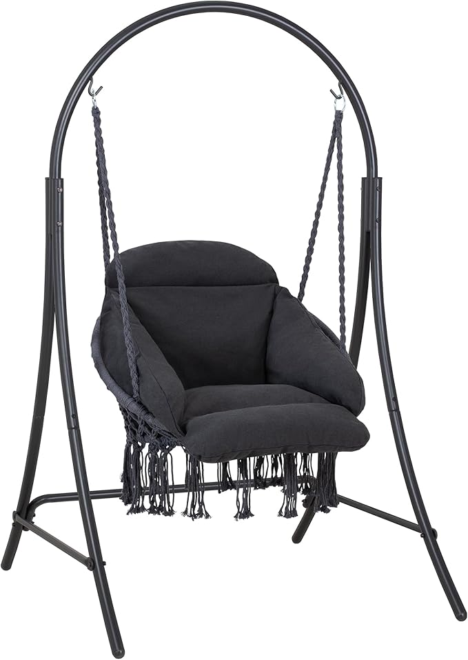 ANOW Hanging Swing Chair with Stand Included, Heavy Duty Hammock Chair with Stand and Removable Padded Cushion, Max 400 Lbs, Dark Grey