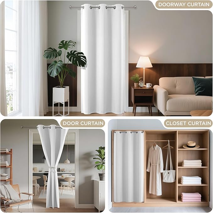 Joydeco Blackout Door Curtain for Doorway Privacy 90 Inches Long, Grommet Closet Curtain for Open Closet, Room Divider for Bedroom Living Room (Pure White 52Wx90L, 1 Panel)