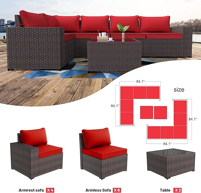 Kullavik Outdoor Patio Furniture Set 12 Pieces Sectional Rattan Sofa Set Brown PE Rattan Wicker Patio Conversation Set with 10 Red Seat Cushions and 2 Tempered Glass Table