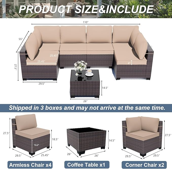 ALAULM Patio Furniture Set with Coffee Table, 7 Pieces Outdoor Sectional with Wide Seat and Thick Cushion, All Weather Wicker Rattan Conversation Set for Backyard, Garden, Deck, Sand