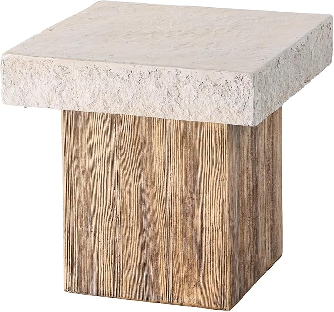 COSIEST Outdoor Medium Side Table, Patio Coffee Table, 19.7 inches Square MgO End Stool with Faux Wooden Pedestal Base,for Patio, Garden, Backyard, Antique Beige