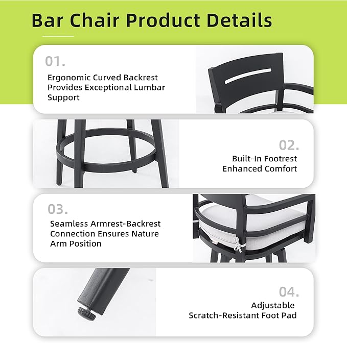 Modern 5PCS Outdoor Patio Bar Set, Rounded Square Sintered Stone Table & 4 Swivel Bar Chairs, Rust-Free Aluminum Frame, Ember Black, Marble-Inspired Top, Bearing Swivel Plate, Tapered Legs