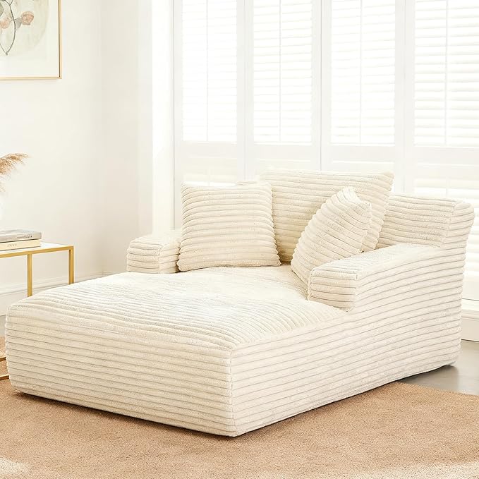 66" Chaise Lounge Chair Indoor, Oversized Boneless Couch Comfy Upholstered Sleeper Sofa Bed with 3 Pillows, Corduroy Cloud Reading Chair for Living Room No Assembly Required, White