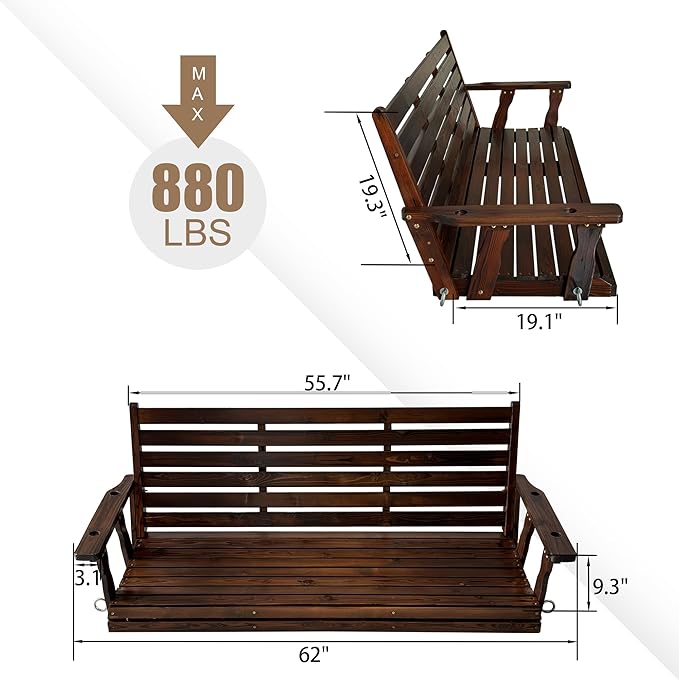 Wooden Porch Swing, Ergonomic Seat, Bench Swing with Hanging Chains and 7mm Springs, Heavy Duty 880 LBS, for Outdoor Patio Garden Yard (Dark Brown, 3-Seater Extra Large)