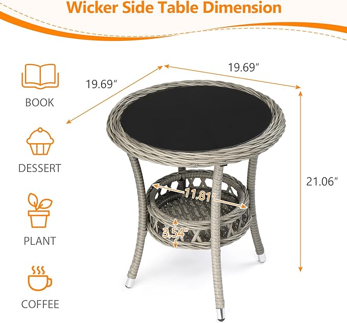 VINGLI Outdoor Wicker Side Table, Patio Side Tables for Outside Tempered Glass Top Wicker Table with Storage End Table for Balcony Porch Deck (Grey)