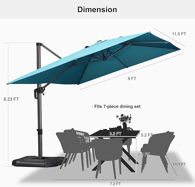 PURPLE LEAF 9' X 11.5' Patio Umbrella Outdoor Cantilever Rectangle Umbrella Aluminum Offset Umbrella with 360-degree Rotation for Garden Deck Pool Patio, Turquoise Blue