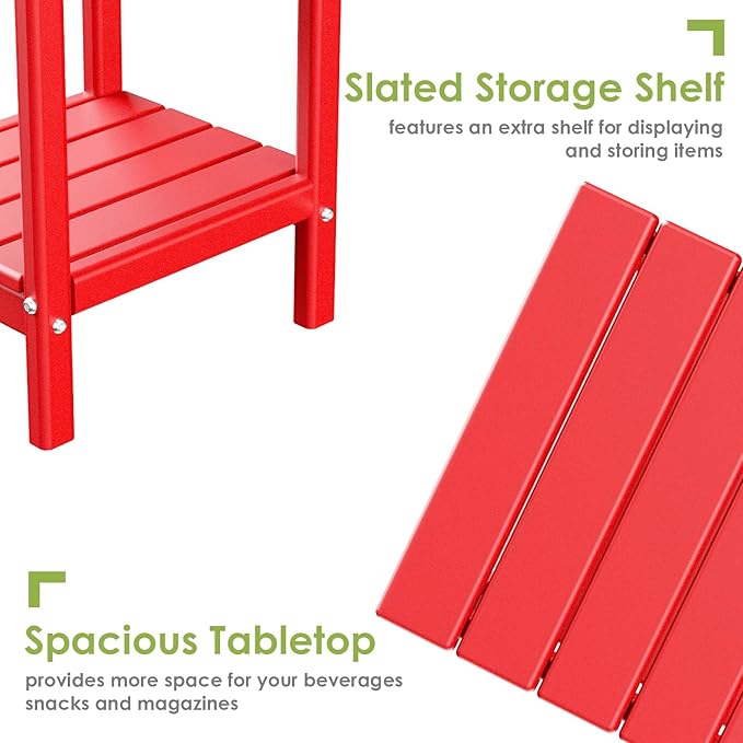 GREENVINES Adirondack-Outdoor-Side-Table | Set of 2 | 14 x 13 Inches | HDPE Plastic | All Weather | Red | Outside End Tables | Storage Shelf | for Patio Porch Backyard Indoor