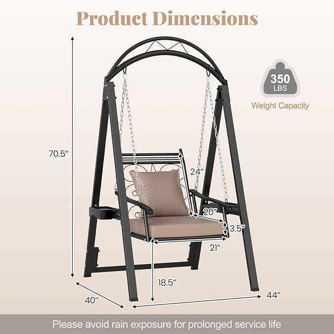 Tangkula Porch Swing with Stand, Outdoor Patio Swing with Heavy-Duty Metal Frame, Removable Cushions, Side Tables, Armrests for Garden, Balcony, Backyard, Poolside