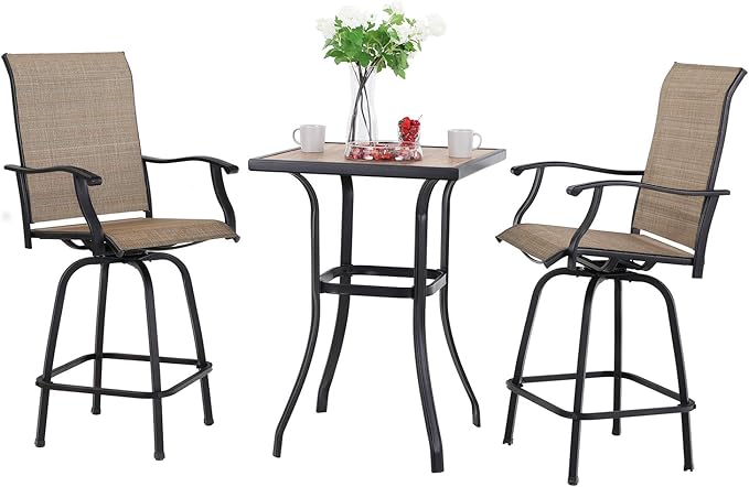Sophia & William Outdoor Bar Set, Patio Bar Table & Chairs Set, Bar Height Patio Set - 2 x Swivel Bar Chairs(Brown), 1 x Square Bar Table(Wood-Like)