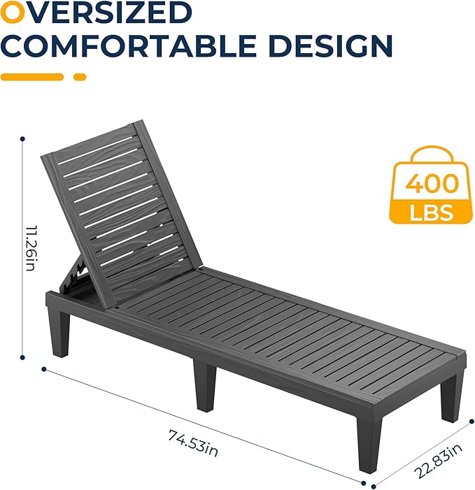 ROJIK Outdoor Chaise Lounge Chair Set of 2,with 5-Position Adjustable Backrest,Waterproof & Lightweight | Durable Indoor/Outdoor Patio Lounger Chair for Garden Pool Beach,Black