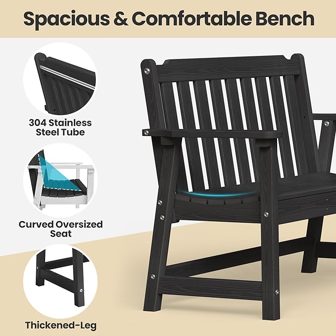Ciokea 49" Heavy Duty Outdoor Bench, HDPE Weatherproof Porch Benches, Durable 2-Person Garden Benches with 660 Lbs, Waterproof Patio Bench for Outside Balcony Deck Backyard, Black