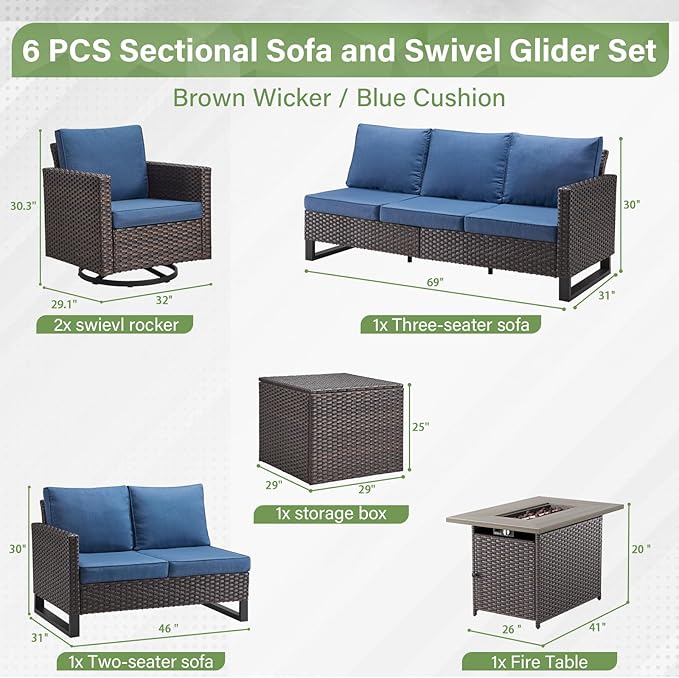 Belord 6-Piece Outdoor Sectional Furniture Set with 41” Fire Pit Table, 5-Seater Patio Furniture Set with Swivel Glider Chairs & Storage Box, 50000 BTU Propane Fire Pit Table, All-Weather PE Wicker
