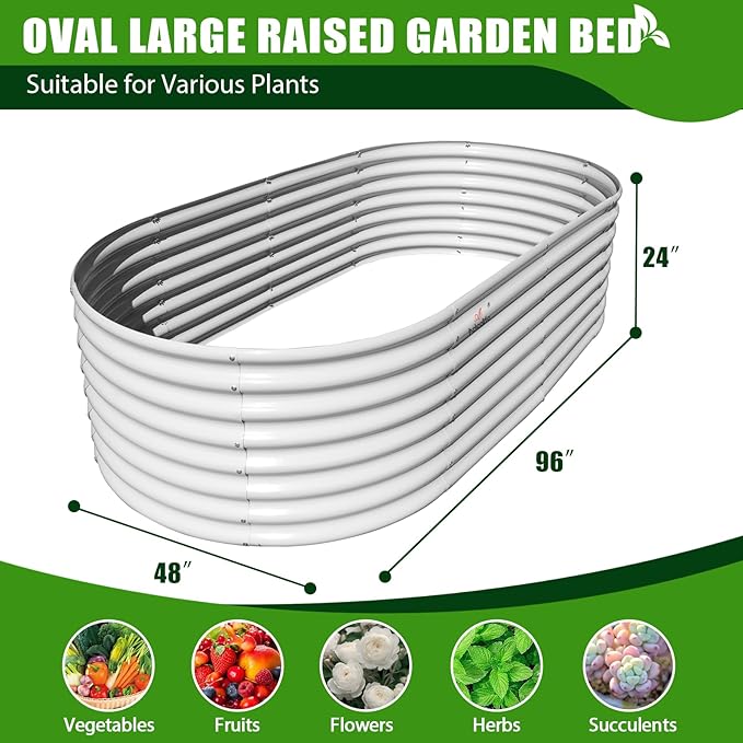 A ANLEOLIFE 8-Set 8X4X2 ft Galvanized Raised Garden Bed Kit, Oval Metal Deep Root Planters for Outdoor Plants, Antique White