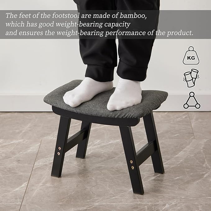 Foot Stool,Ottoman,Bamboo Small Sofa Foot Rest Under Desk,Extra Seating for Living Room, Bedroom and Kitchen (Black Stool Legs - Gray Surface)