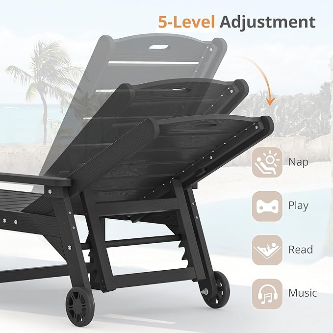 LUE BONA Outdoor Chaise Lounge Chairs Set of 4, HDPS Chaise Lounger, 5 Positions Adjustable Lounge Chairs, Pool Lounge Chair with Wheels for Poolside, Black