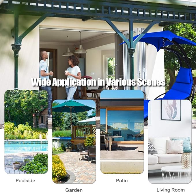 Giantex Hanging Chaise Lounger Chair, Arc Stand Porch Swing Chair w/Canopy, Cushion Built-in Pillow, Outdoor Freestanding Swing Hammock Chair for Patio Poolside Backyard Garden (Navy)