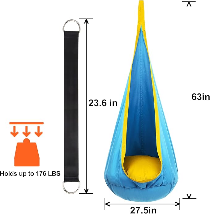 Y-STOP Kids Pod Swing Seat, Hanging Hammock Chair with Inflatable Pillow, Sensory Swing Chair with Pocket for Indoor and Outdoor (Blue Yellow)